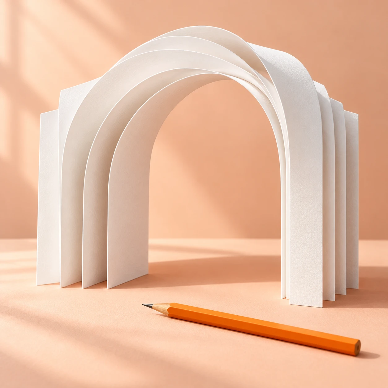 Creative sculpture of layered white paper arches and an orange pencil on a peach table